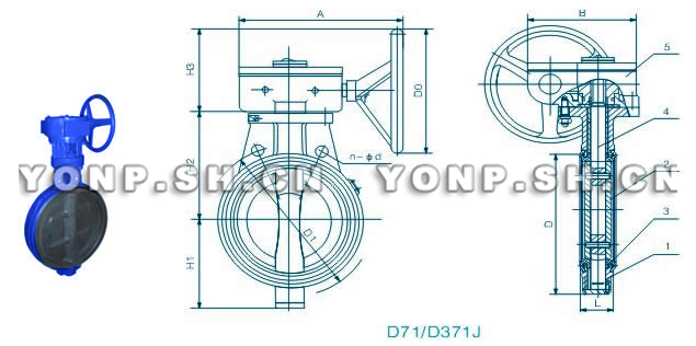 D71/D371J对夹式全衬胶蝶阀外形尺寸图