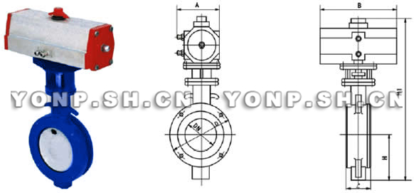 D672X气动对夹式软密封蝶阀外形尺寸图