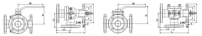 Q44/Q45法兰连接L型、T型(44)/(45)三通球阀结构图