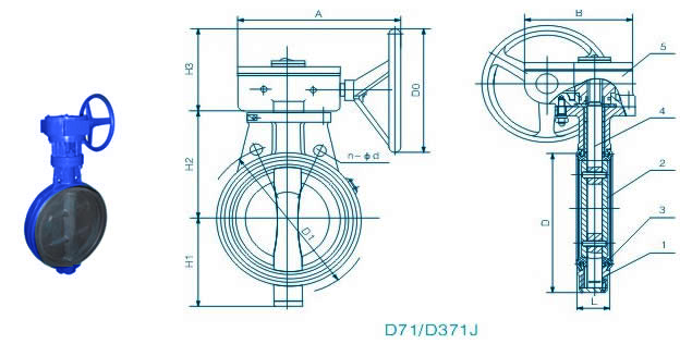 D71/D371J全衬胶软密封蝶阀外形尺寸图