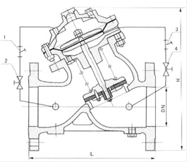 JD745X隔膜式多功能水泵控制阀结构图1、过滤器 2、小球阀 3、过滤器 4、小球阀