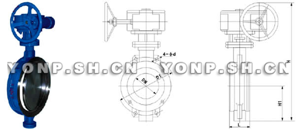 D373H涡轮对夹硬密封蝶阀外形尺寸图