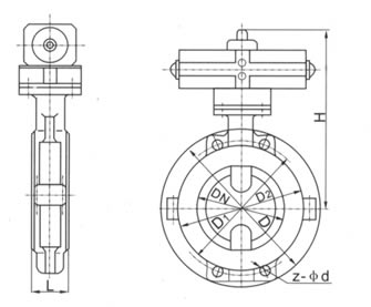 DA671型对夹连接气动中线蝶阀外形尺寸图